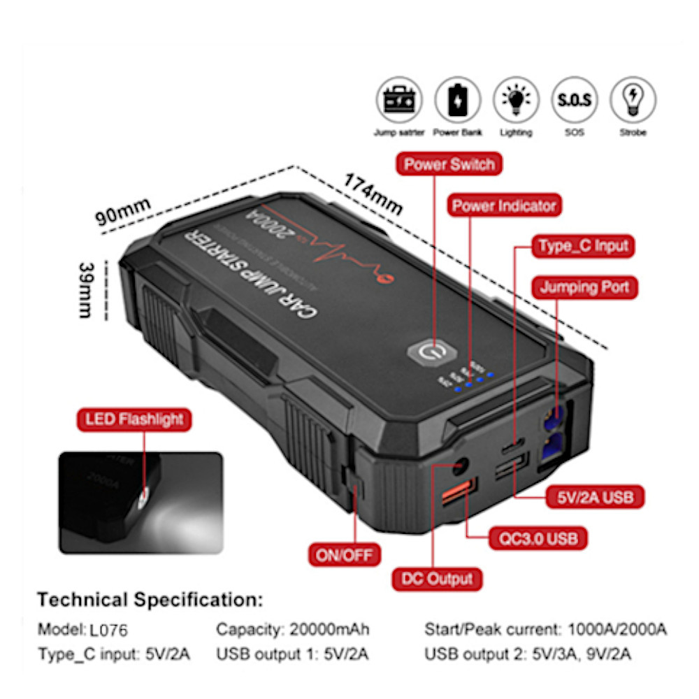 Jump Sarter Booster Powerbank 2000A 18.000mAh urządzenie wspomagające rozruch auta, quada, kosiarki - obrazek 4